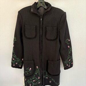 Embroidered Black Women's Coat, satin lined, with vintage look, size M